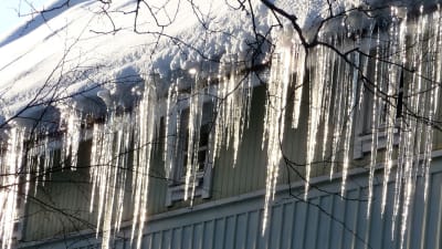 Istappat hänger från kanten av ett snöigt tak