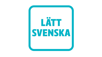 A turquoise symbol of a square, inside whcih the text Lätt svenska. 