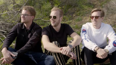 Humorgruppen JLC i Sverige på gräsmatta med Carl Dëman i mitten.