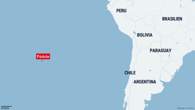 En karta över stilla havet där påsköns position jämtemot Chiles kustlinje är utsatt.