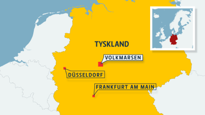 Tysklands karta. Frankfurt, Düsseldorf och Volkmarsen är utmarkerade.