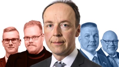 Grafik där fem män syns. I mitten Jussi Halla-aho.