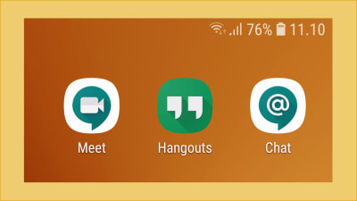 Kuvakaappaus puhelimen näytöltä, jossa näkyy 3 Googlen sovelluksen logot: Hangout, Chat ja Meet