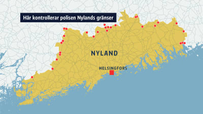 Karta över det område där polisen kontrollerar Nylands gränser.