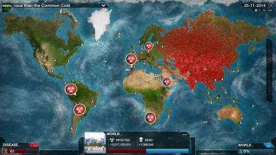 En skärmdump från spelet Plague Inc. På bilden syns en världskarta där Asien till stora delar färgats rött för att indikera att ett virus spridit sig där.