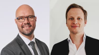 Två porträtt. Till vänster skallig man med kortklippt skägg, glasögon och kostym. Till höger ljushårig man med skjorta och kavaj. 
