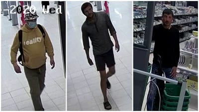 Bild från övervakningskamera på tre män i en butik.