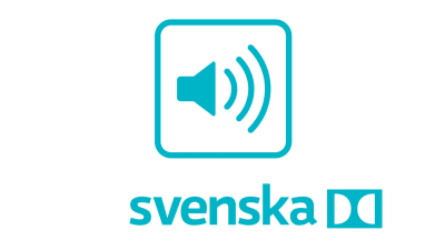 A turquoise symbol with an audio speaker with sound waves going to the right, underneath the text Svenska and the dolby surround symbol.