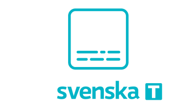 A symbol of an turquoise square with lines that looks like subtitles in the bottom. Underneath the text svenska and the letter T on a turquoise background.