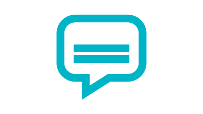 A turquoise symbol of a speech bubble with two lines that looks like subtitles inside.