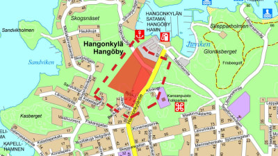 Karta över ett område längs Hangöbyvägen där det planeras småhus.