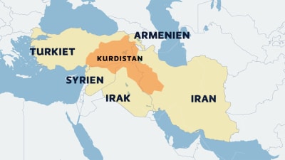 En karta som visar var de kurdiska bosättningsområdena finns i gränslandet mellan Turkiet, Syrien, Irak, Iran och Armenien.