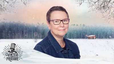 Camilla Svevar mot en grafisk vintrig bakgrund.