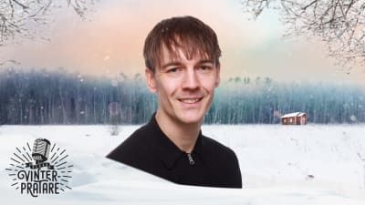 Kevin Holmström mot en grafisk vintrig bakgrund.