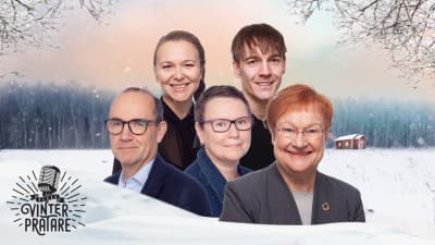 Fem personer mot en grafisk vintrig bakgrund. Fritjof Sahlström, Camilla Svevar, Tarja Halonen, Andrea Reuter, Kevin Holmström.