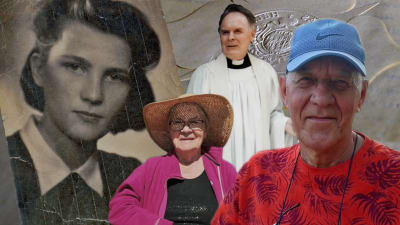 Bildkollage med fyra personer: ett svartvitt gammalt foto på en ung kvinna och tre nya bilder med porträtt på en kvinna och två män.