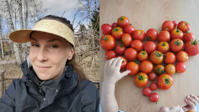 Ponihäntäinen nainen ruskeassa puutarhassa katsoo kameraan, toisella puolella pöydällä tomaatteja
