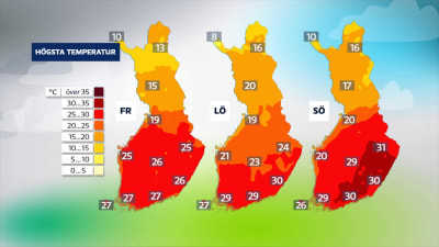 Tre kartor över Finland. Temperaturen anges med siffror och med färger från rött till  gult. 