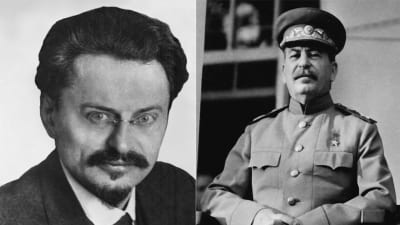 Bildcollage av Trotskij och Stalin