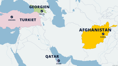 Karta över flygplatserna i Afghanistan, Qatar, Turkiet och Georgien.