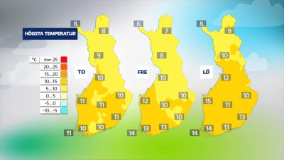 Karta över Finland som visar temperaturerna i landet under torsdag, fredag och lördag.