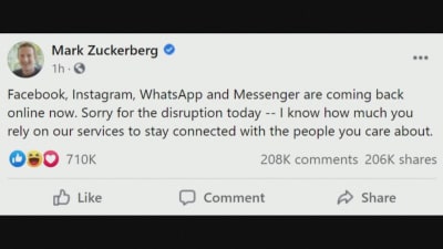 Facebookgrundaren Mark Zuckerberg bad om ursäkt för avbrottet då Facebook och dess tjänster började komma igång igen. 