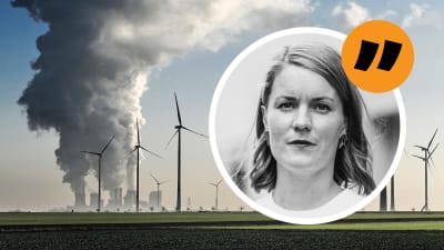 Vindturbiner framför ett kolkraftverk med bolmande skorstenar & en bild på redaktör Marianne Sundholm.
