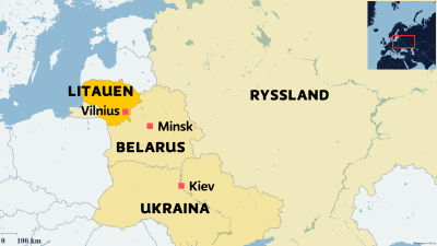 Karta om hur nära varandra staterna Litauen, Belarus, Ukraina Ryssland ligger.