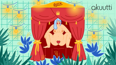 Kuvituskuva: Nainen istuu ja synnyttää sängyllä hajareisin. Sängyn ylälaidassa lukee Queen.