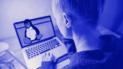 Ihminen läppärin äärellä, tietokoneella näkyy Linuxin pingviini-maskotti.