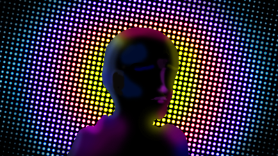 Digital illustration på en svart siluett som ser ledsen ut mot neonfärgad bakgrund.