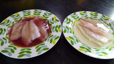 Två tallrikar med fisk i marinad.