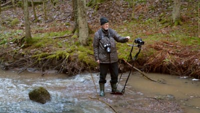Jan Fröjdman står mitt i bäcken och fotograferar med ett stativ. Han har stövlar och ser koncentrerad ut. 