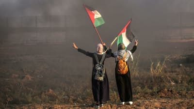 Palestinier håller i flagga och håller händerna upp mot himmelen.