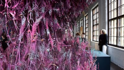 lila fjäderinstallation på utställning