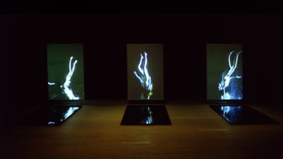 Tre videoprojektioner bredvid varandra som visar en naken kropp i vatten.