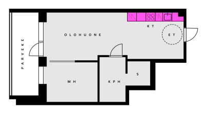 En bottenplan av en lägenhet där köksvrån ligger i samband med tamburen.