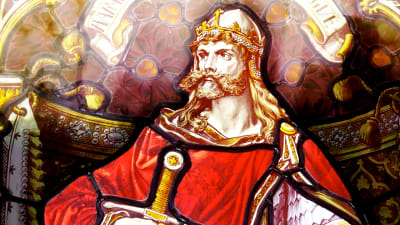 Viikinkikuningas Harald Ankara lasimaalauksessa Lerwigin kaupunkitalolla Shetlannissa.