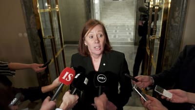 Kommunminister Sirpa Paatero (SDP) intervjuas av medier i riksdagen den 26 mars 2019.