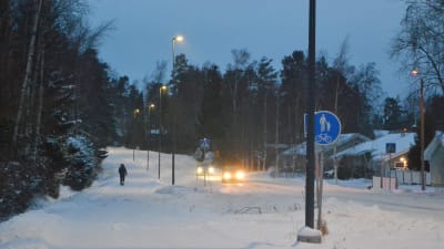 Snöstorm, människa är ute och går med sin hund på gångvägen och på vägen kör två bilar förbi.