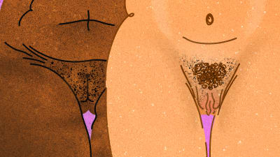 Piirretty kuva: Kaksi alastonta alavartaloa, joissa vulvat. Toinen vartalo väriltään ruskea, toinen vaalea.