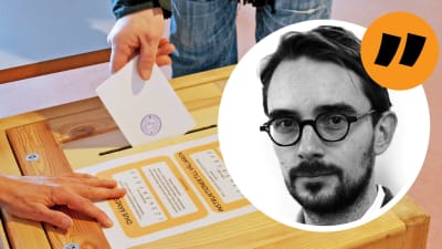 En hand som lägger en röstsedel i en valurna och en hand som ligger på valurnan. Redaktör Johan Ekmans ansikte finns i en cirkel på bilden med citattecken eftersom det är frågan om en kommentarsbild för en artikel.