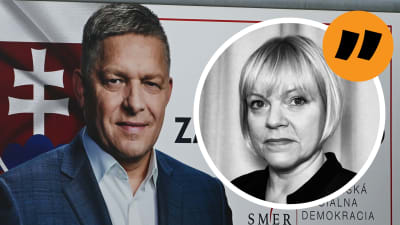 Kommentarsbild med slovakiska Smer-partiets ledare Robert Fico och Svenska Yles Europakorrespondent Mette Nordström.