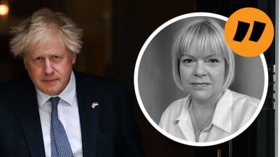 Boris Johnson med Mette Nordströms bild i vinjett ovanpå.