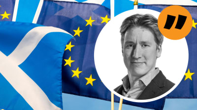 Rikhard Husus bild ovanpå en bild med Skottlands och EU:s flaggor.
