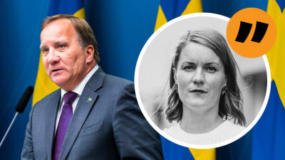 En bild på Sveriges statsminister Stefan Löfven med Svenska Yles Marianne Sundholm som ikon i förgrunden.