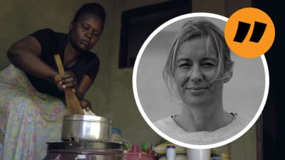En ugandisk kvinna lagar mat på en spis i bakgrunden. I förgrunden en inklistrad porträttbild av journalisten Jessica Stolzmann.
