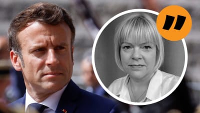 I bakgrunden Emmanuel Macron som tittar åt sidan, i förgrunden en inklippt bild av Mette Nordström.