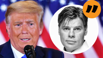 Kommentarsbild på Svenska Yles USA-korrespondent Ville Hupa bredvid USA:s president Donald Trump.