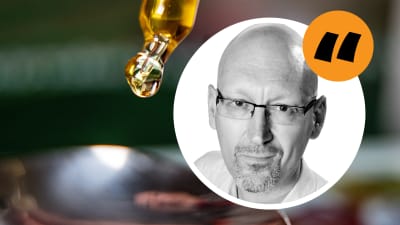 Pekka Palmgren mot bakgrund av en droppe cannabidiol som faller mot en sked. 